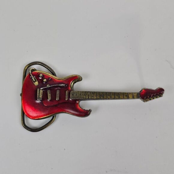 Belt Buckle Electric Guitar Red Enamel VTG 80s The Great American Buckle Company - Picture 1 of 11